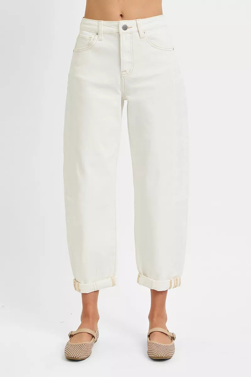 RISEN high rise cropped barrel jeans front view