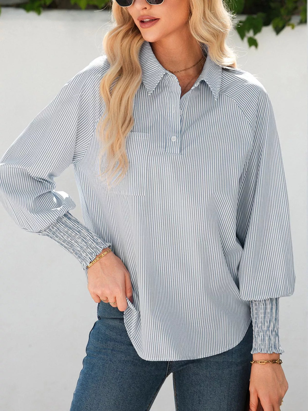 Pinstripe blouse shown in a gray colorway front view