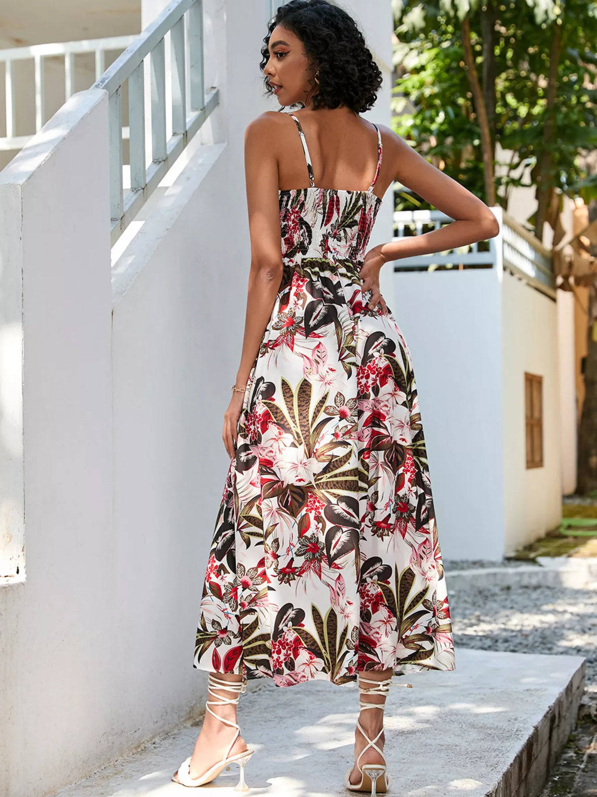 Floral print spaghetti strap midi dress close up view