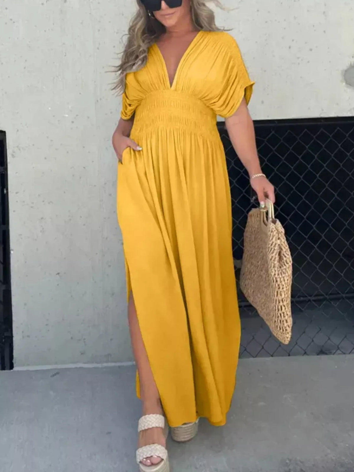 Slit V neck smocked waist maxi dress hem detail