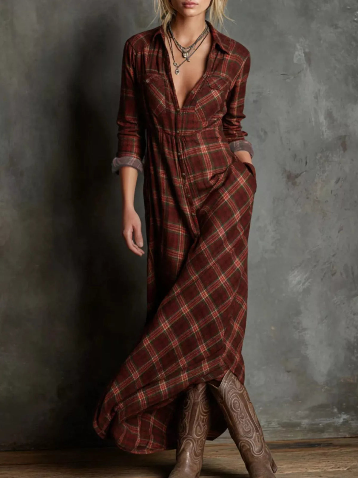 Plaid Button Down Maxi Shirt Dress Plus Size hem detail