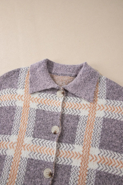 Plaid Button Up Collared Neck Cardigan - Fashorio