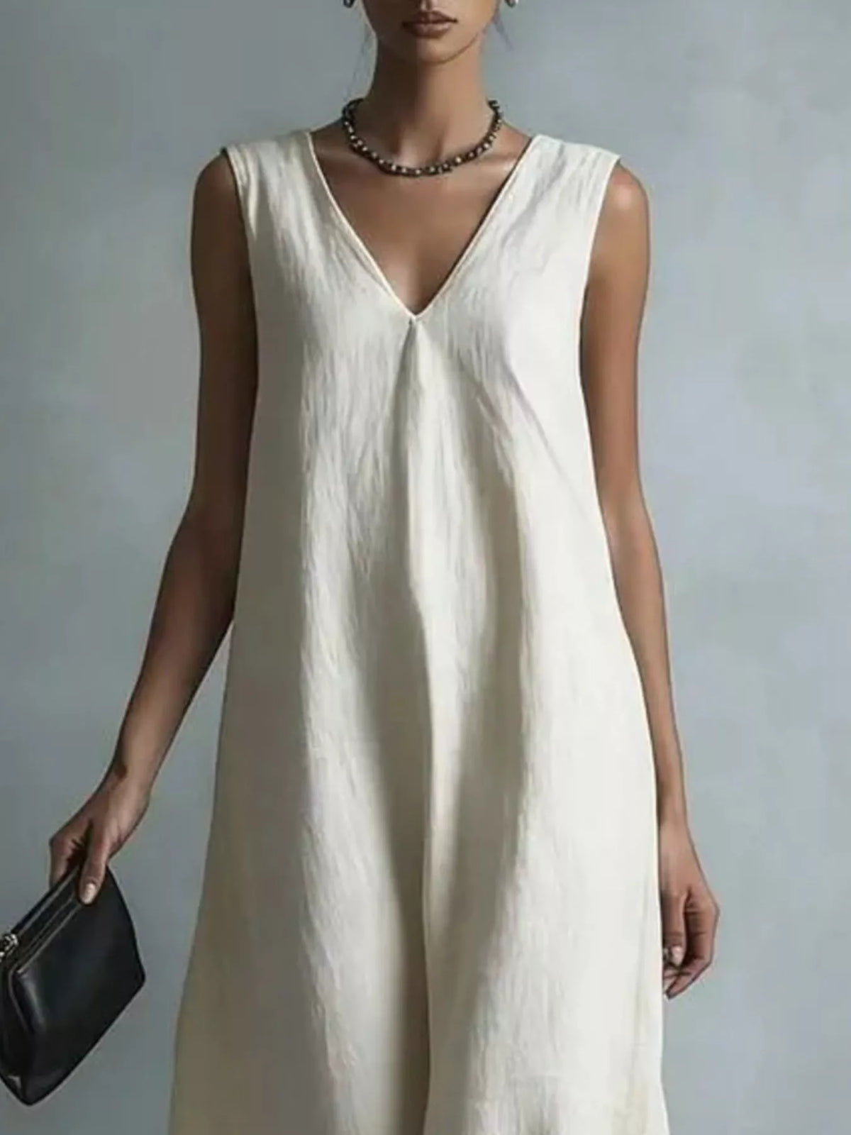 V neck maxi dress shown from the front on a model