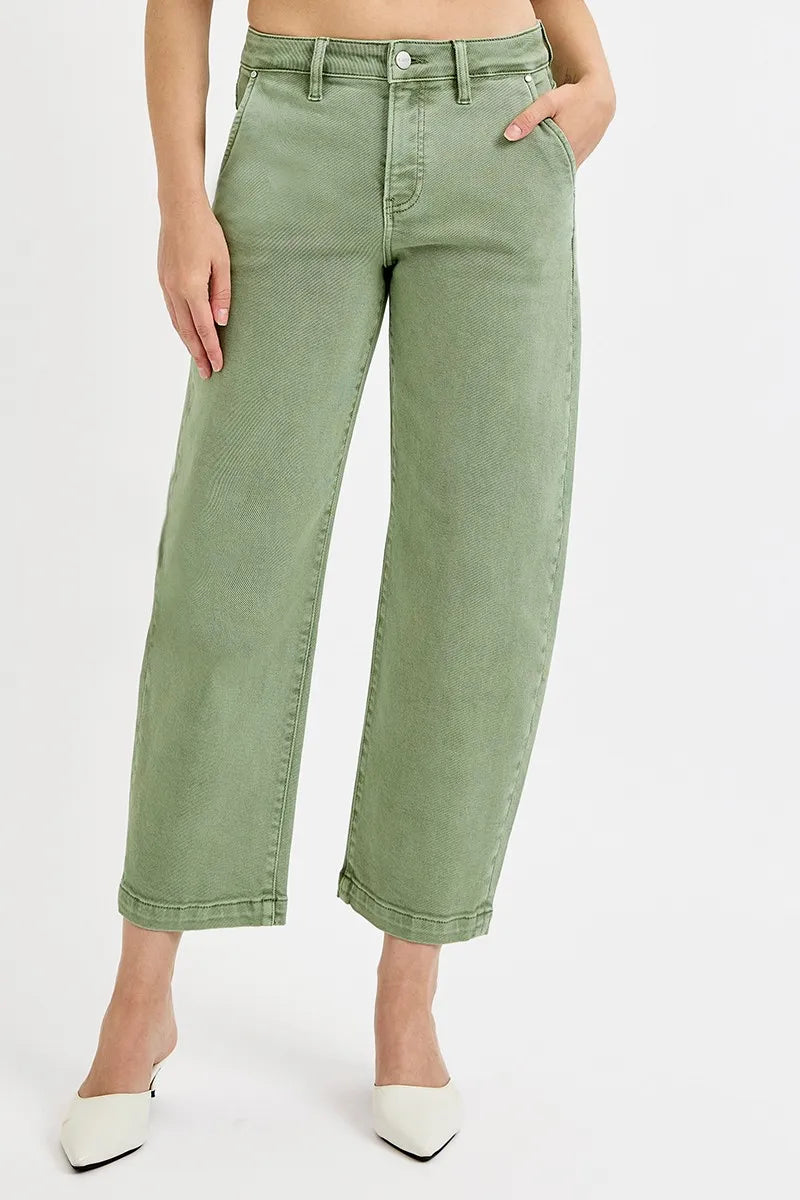 RISEN barrel leg denim olive green pocket detail