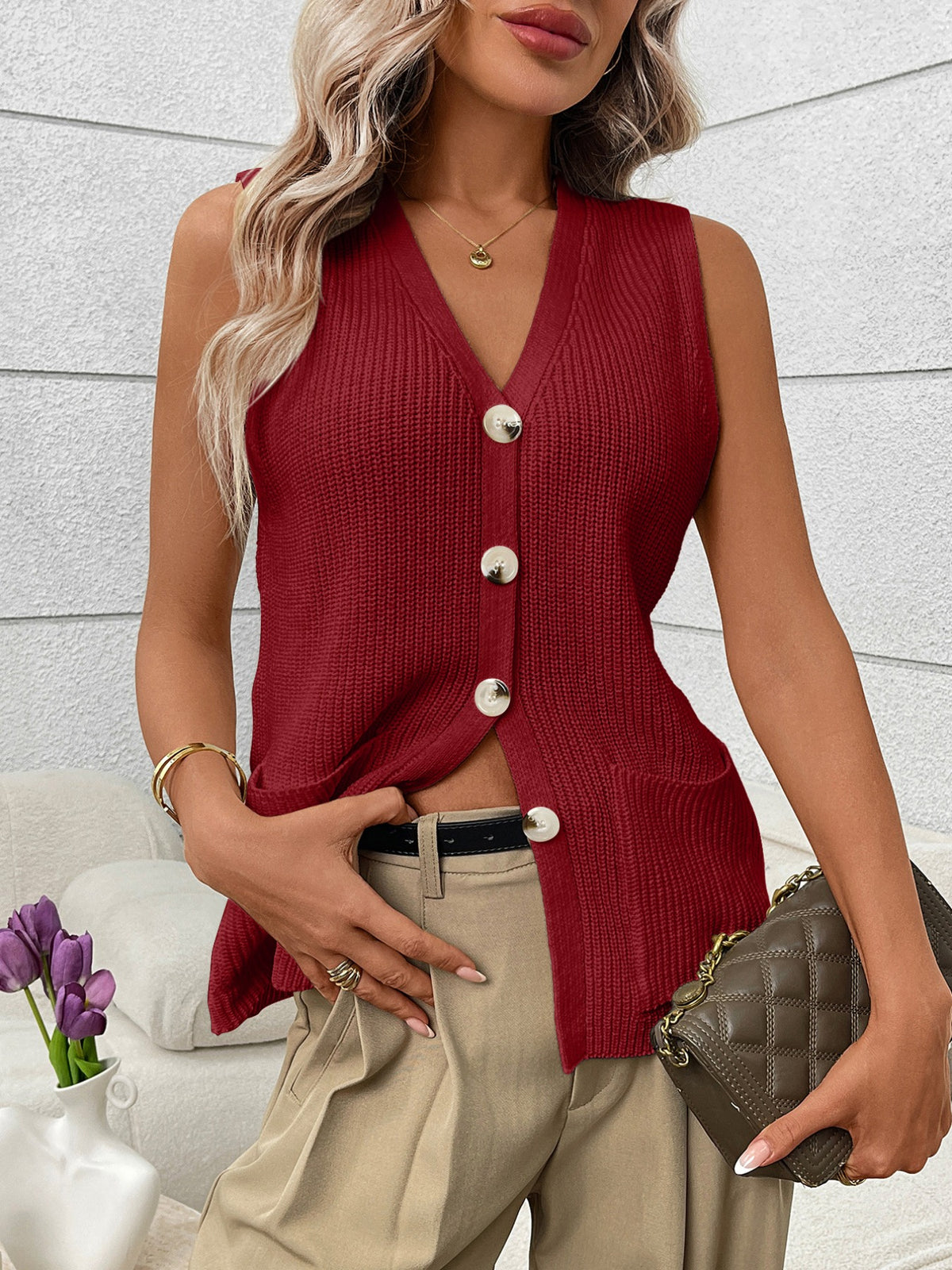 Button Down Knit Sweater Vest with Pockets, view 16
