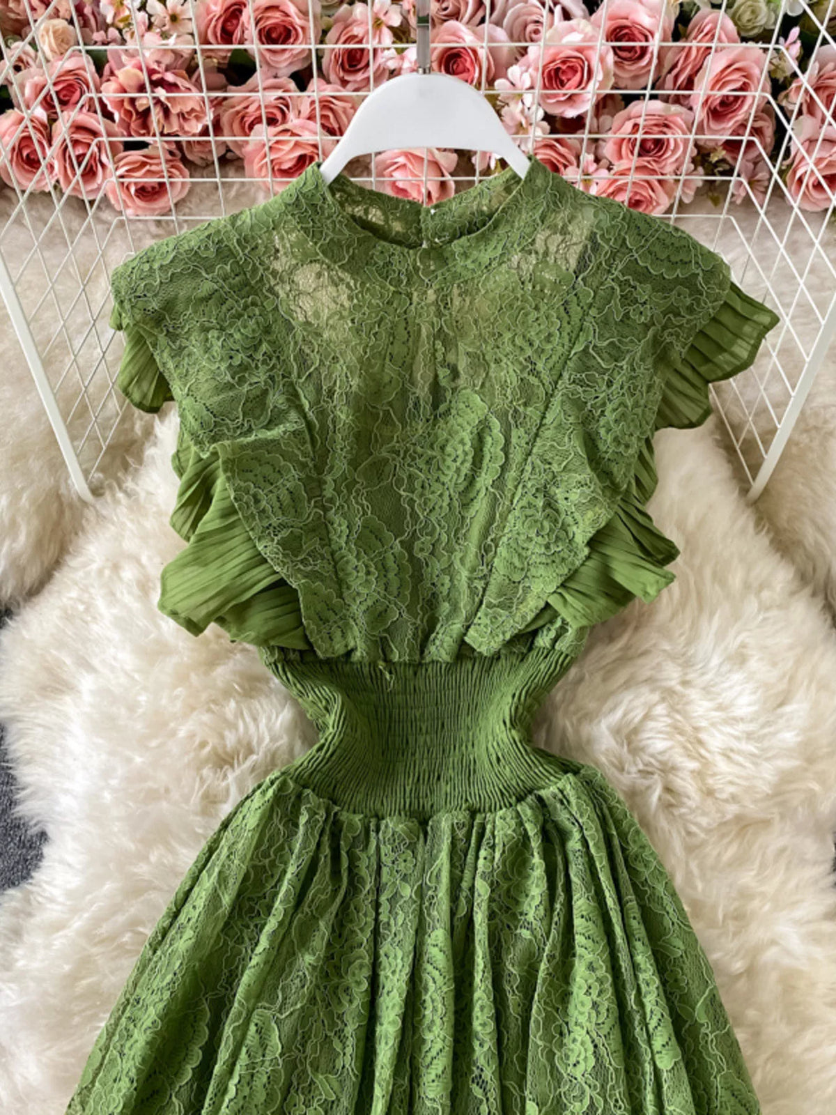 Ruffled mock neck lace maxi dress, styled look