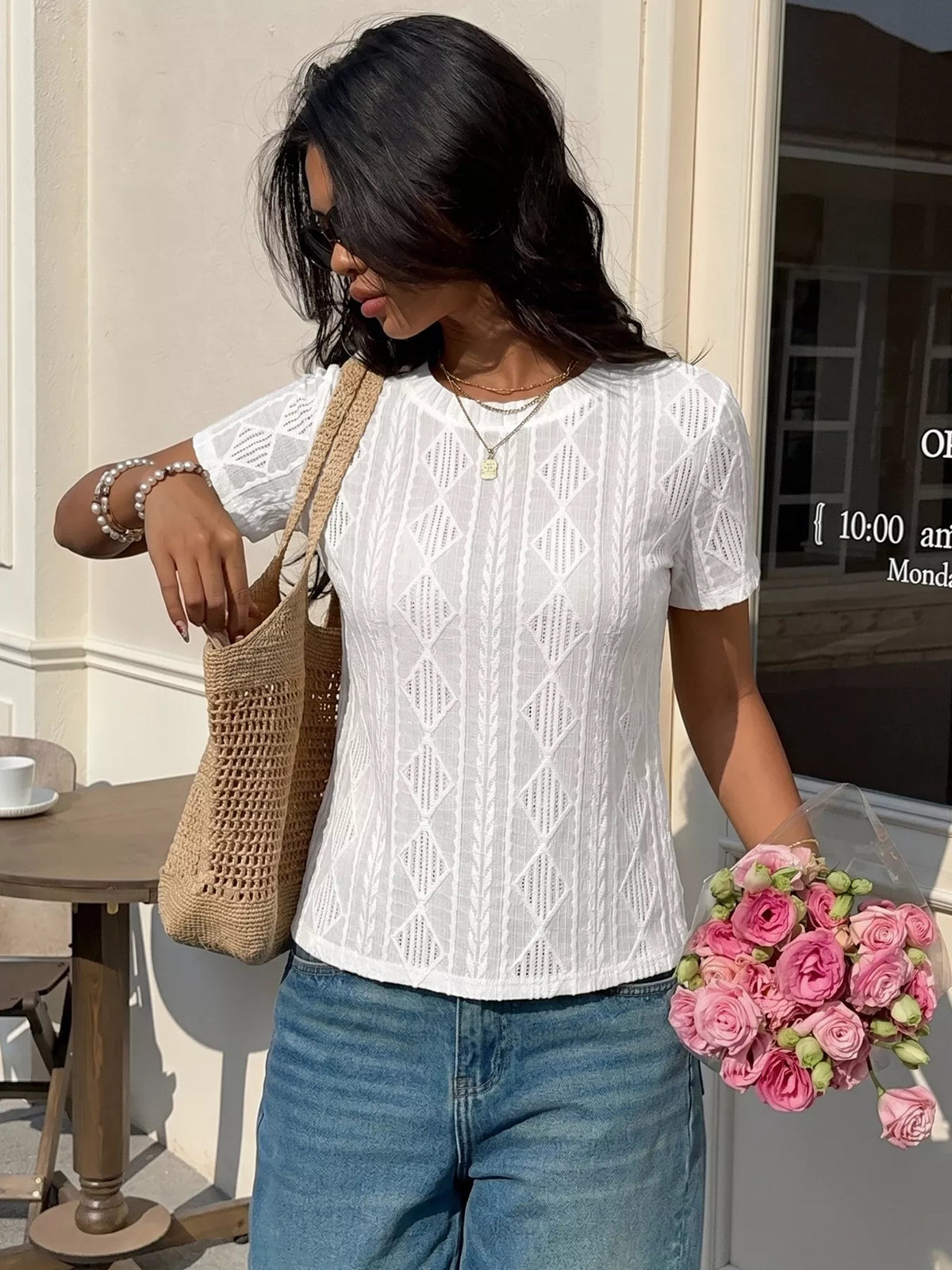 White textured knit tee back view