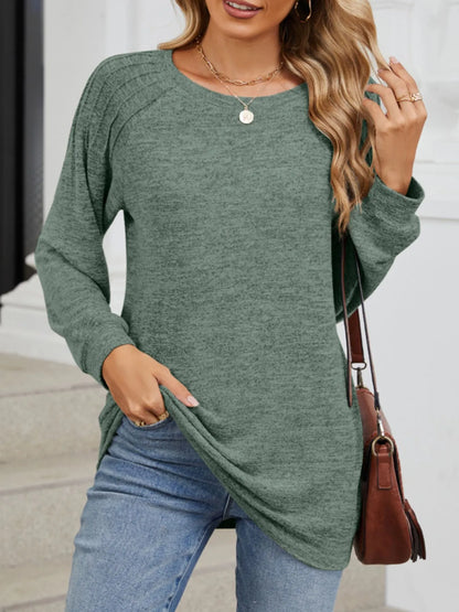 Round Neck Long Sleeve T-Shirt Army Green - Fashorio