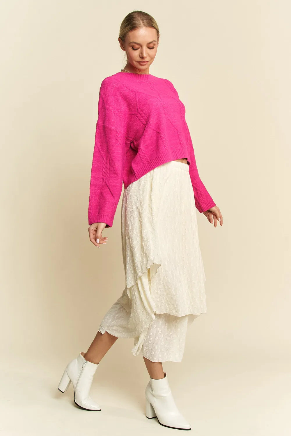 Diamond Cable Knit Drop Shoulder Sweater in Pink view 8