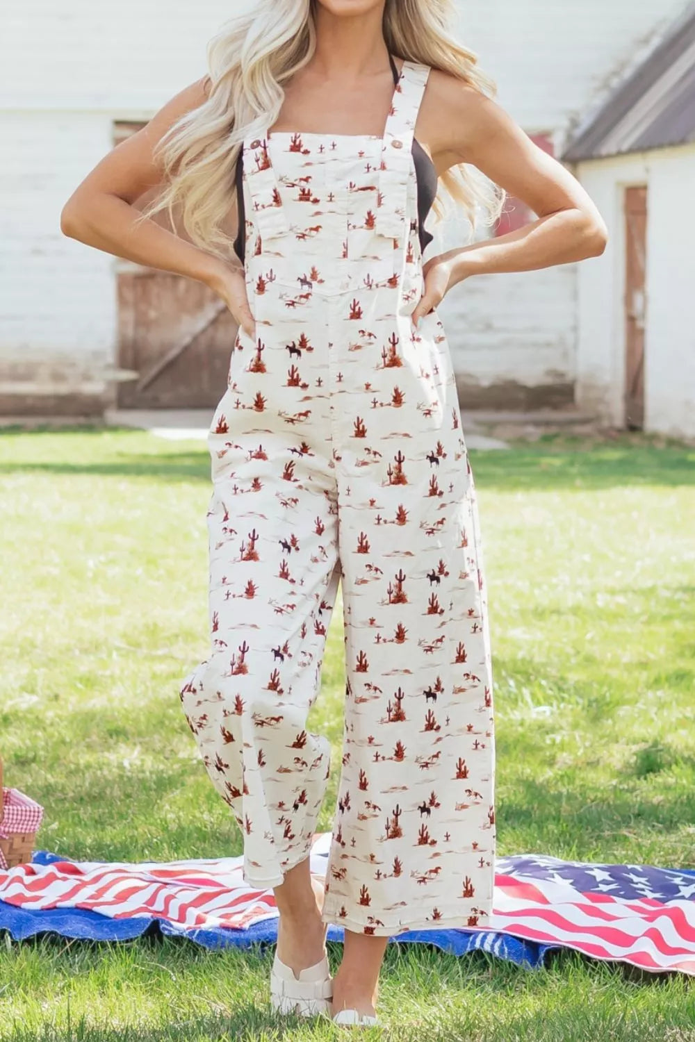 Western overalls side view on model