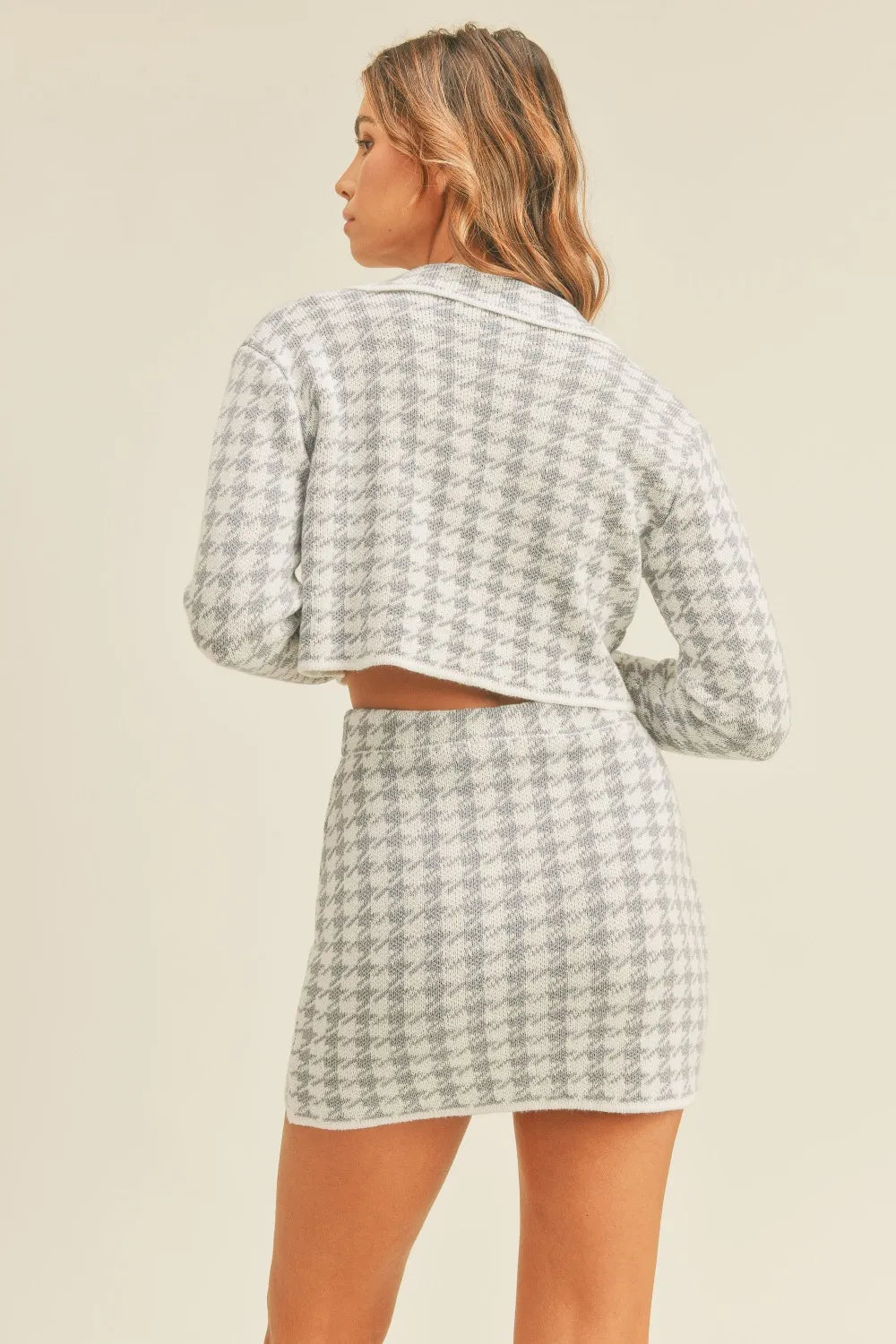 Houndstooth Cropped Knit Cardigan and Mini Skirt Set back view