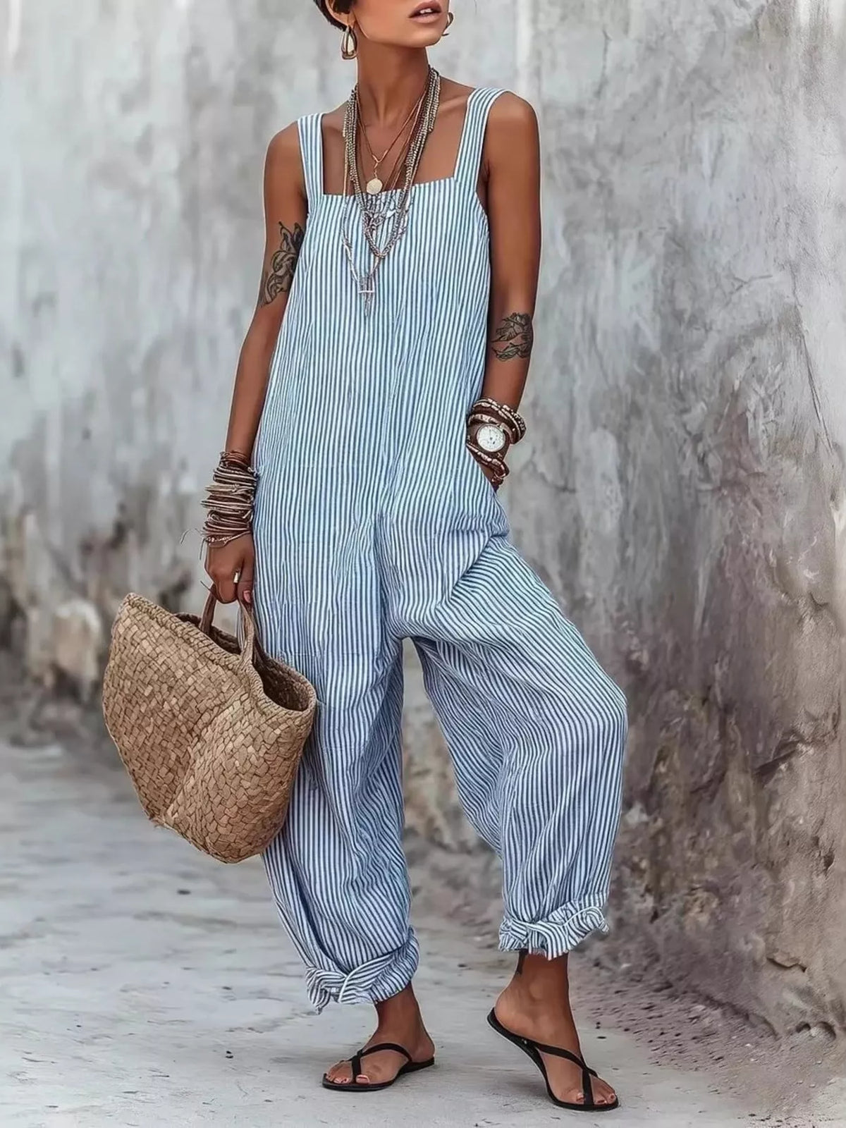 Striped wide leg jumpsuit sky blue color