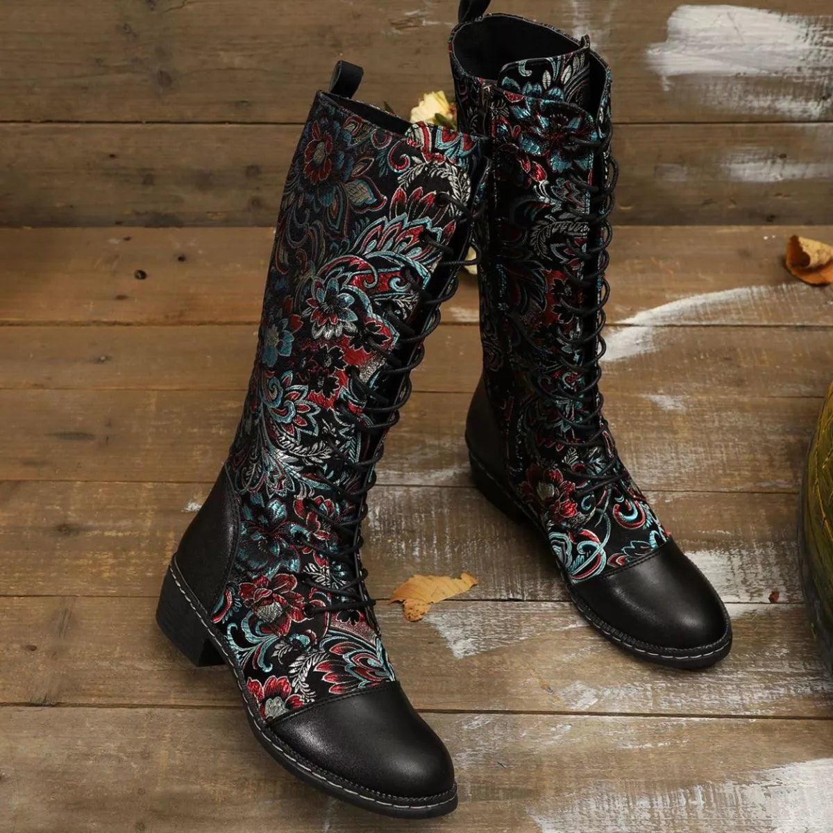 Embroidered Lace Up Block Heel Boots back view
