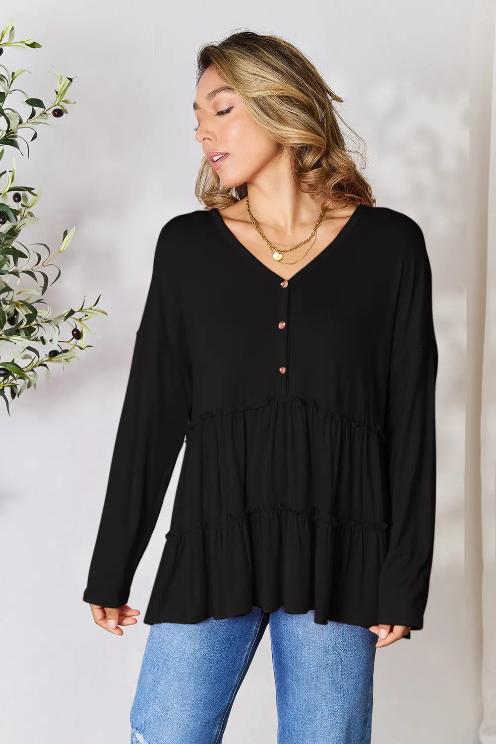 Double Take Half Button Long Sleeve Ruffle Hem Blouse - Fashorio