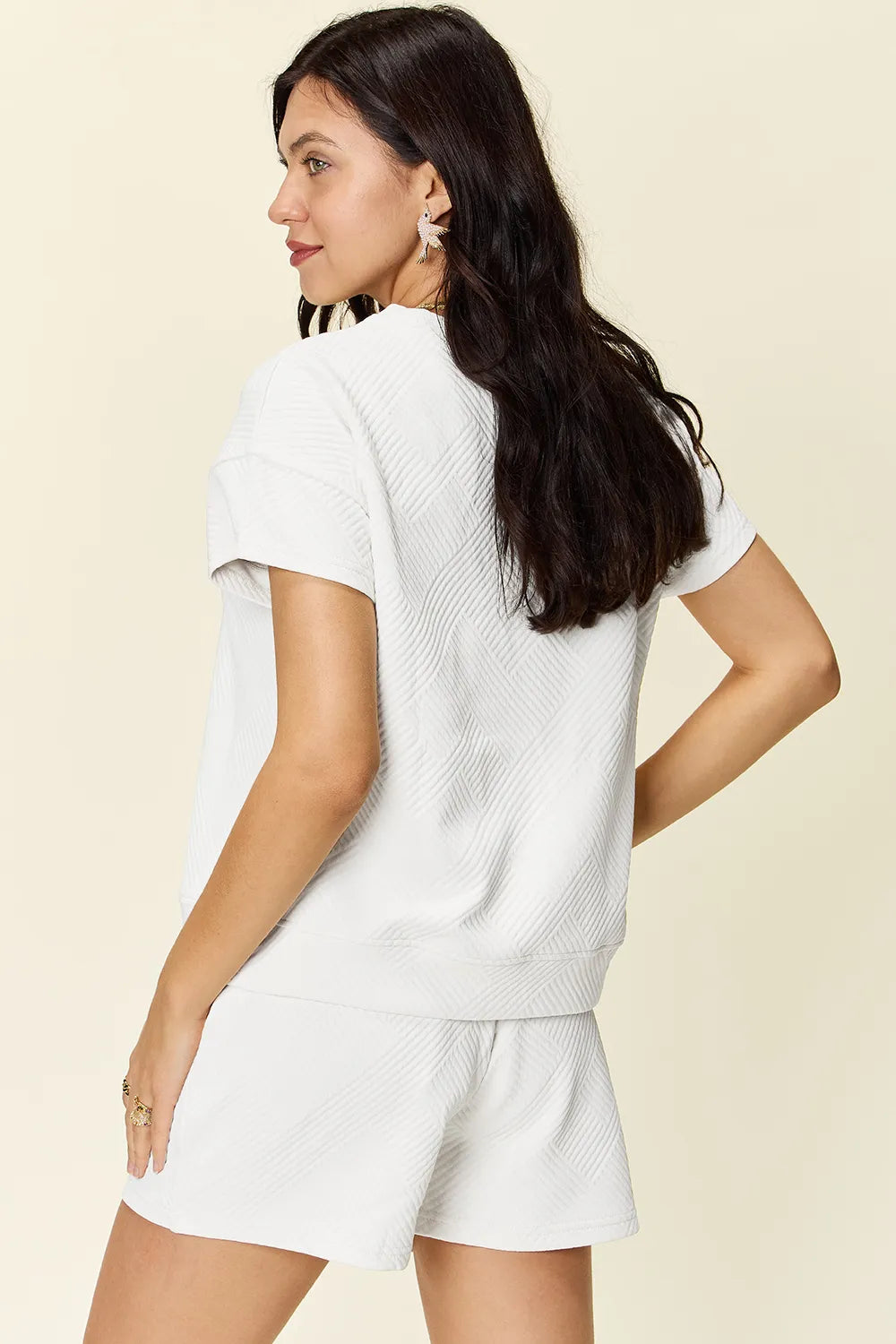 Double Take Full Size Texture Short Sleeve T-Shirt and Drawstring Shorts Set - Fashorio