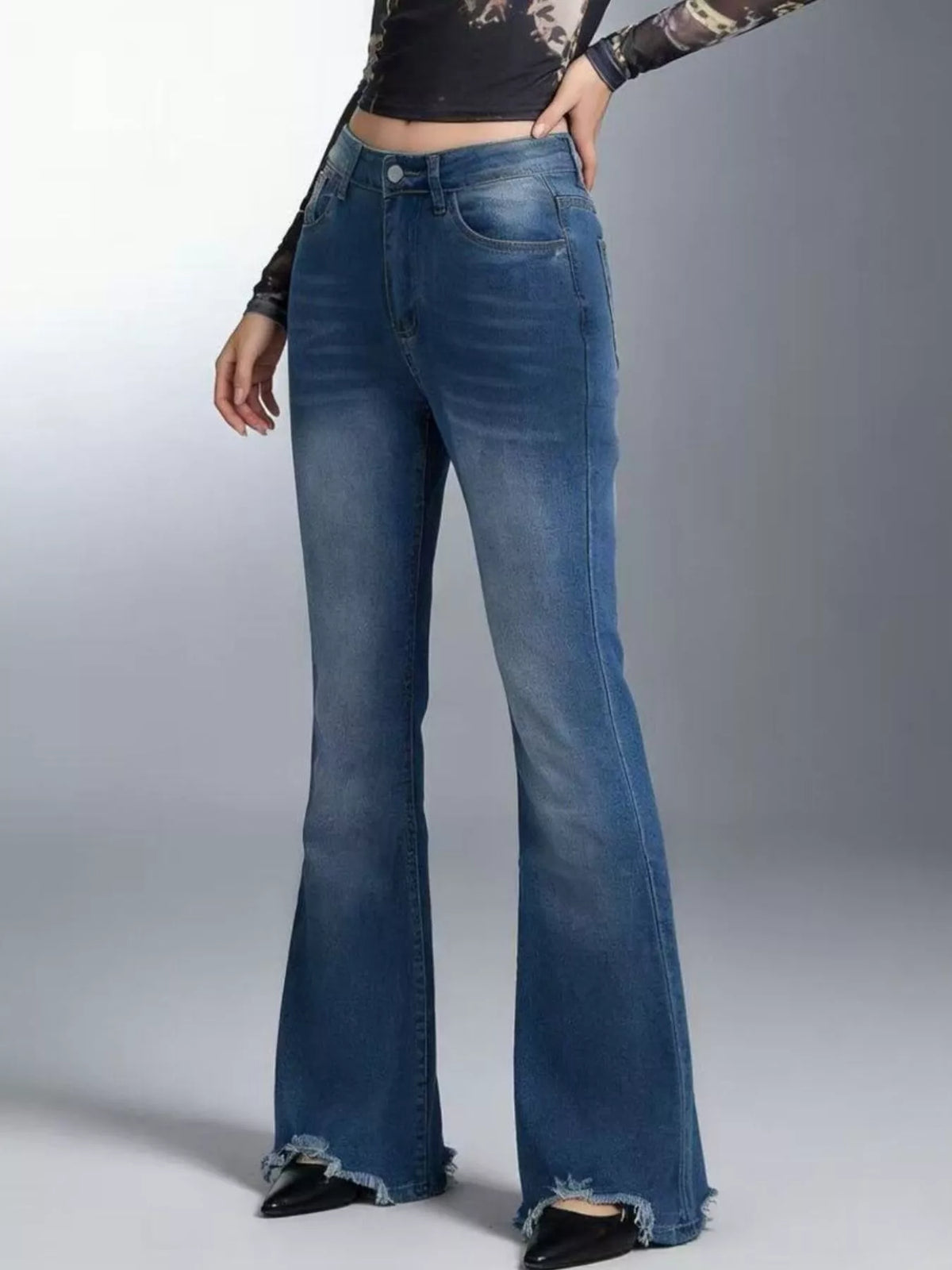 Raw hem flare jeans back view