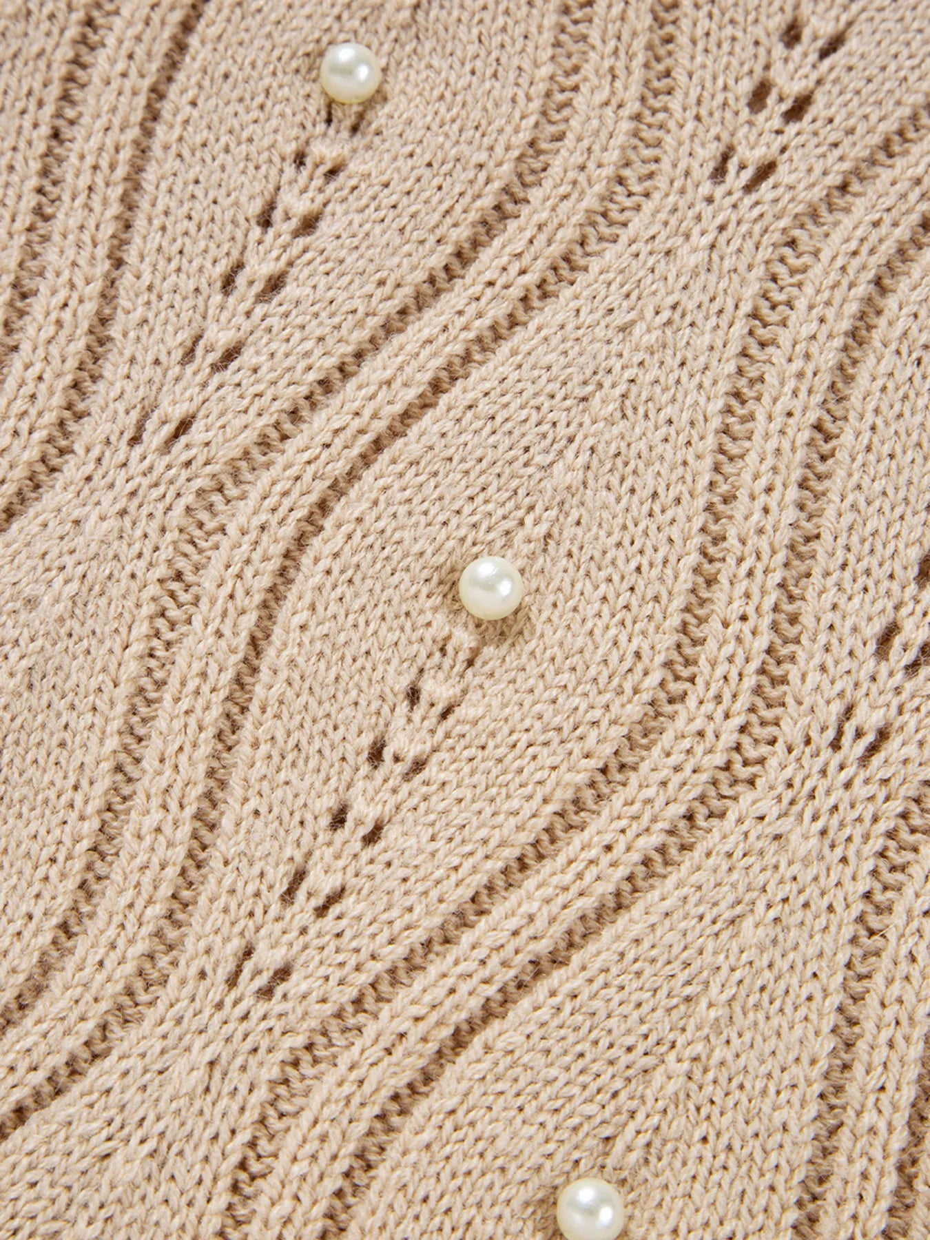 Pearl Beaded Pointelle Knit V Neck Lace Patchwork Sleeve Sweater - Fashorio