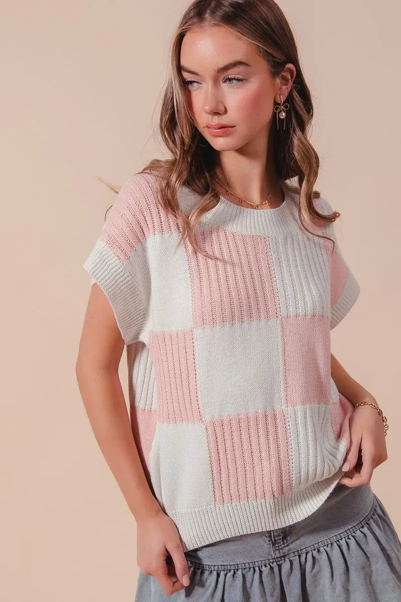 Check Plaid Casual Sweater Top in Dusty Pink on model