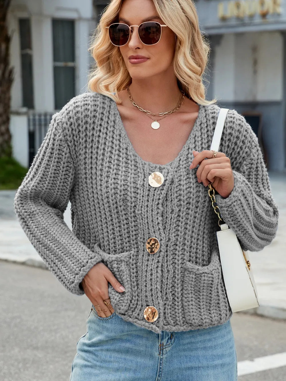 Round Neck Button Up Cardigan with Pockets - Fashorio