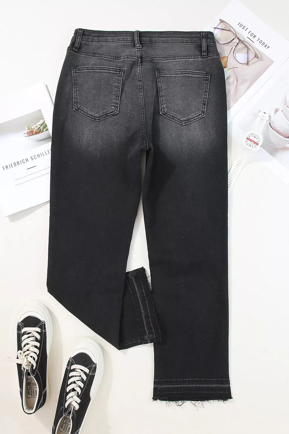 High Waisted Distressed Hem Straight Leg Jeans, view 11
