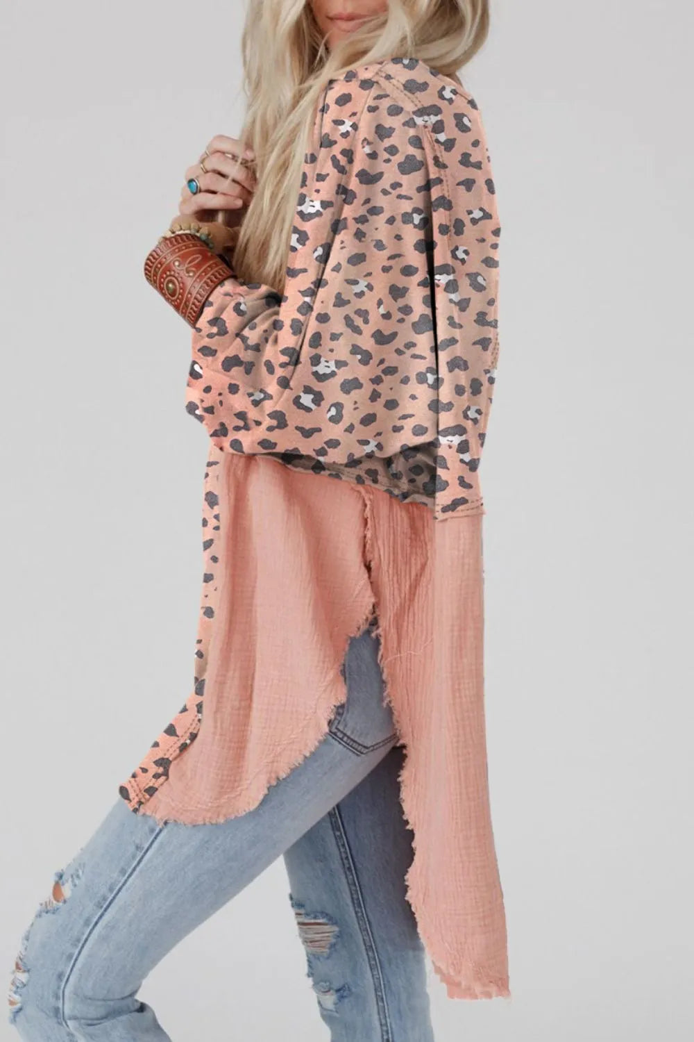 Textured Leopard Dropped Shoulder Blouse - Fashorio