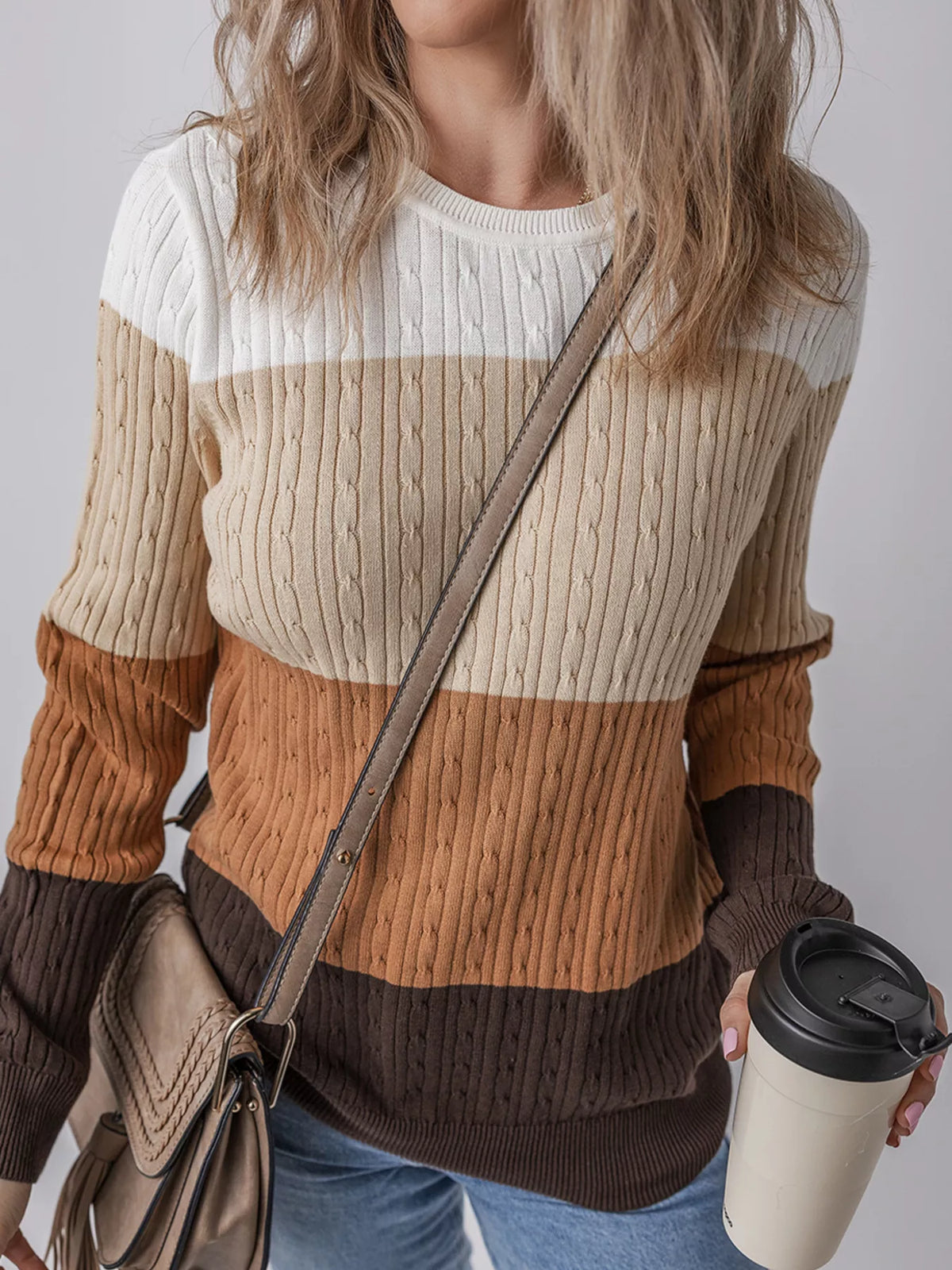multicolor colorblock cable knit sweater back view