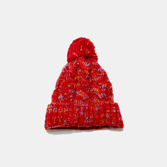 Contrast Cable-Knit Hat with Pompom Deep Red One Size - Fashorio