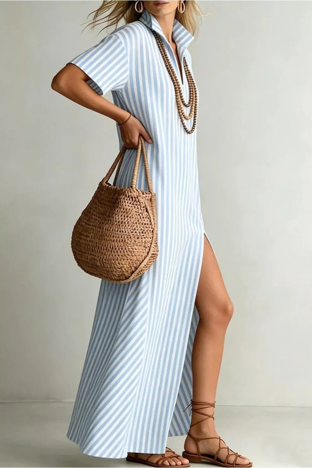 Striped high slit maxi dress styled on model