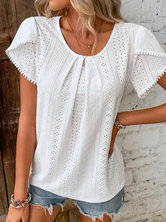 Eyelet Petal Sleeve Top with Pom Pom Trim White - Fashorio