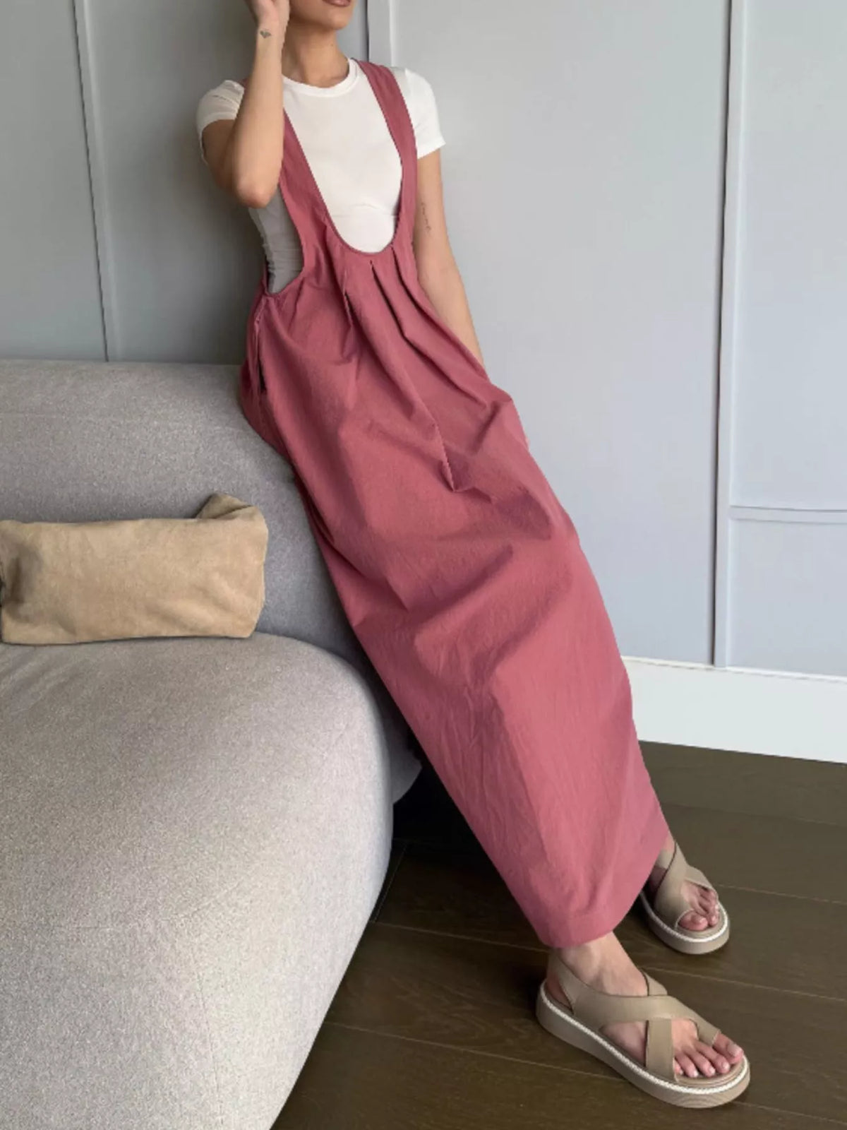 Dark pink pleated overall dress front view