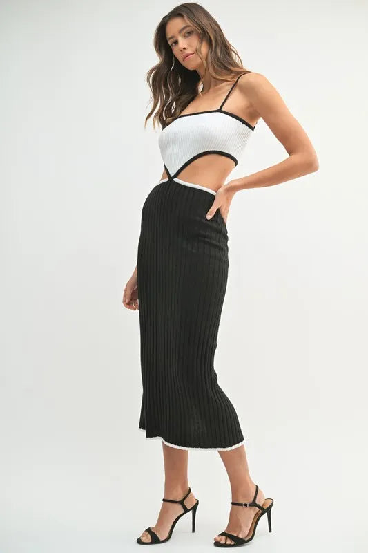 Ribbed Knit Cut Out Color Block Midi Dress in Black on model