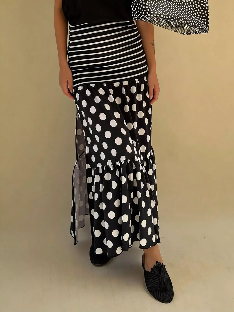 Polka dot striped slit maxi skirt in black front view