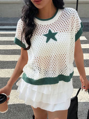 Star Pattern Mesh Knit Short Sleeve Knit Top White - Fashorio