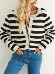 Button Down Striped Long Sleeve Cardigan Black - Fashorio