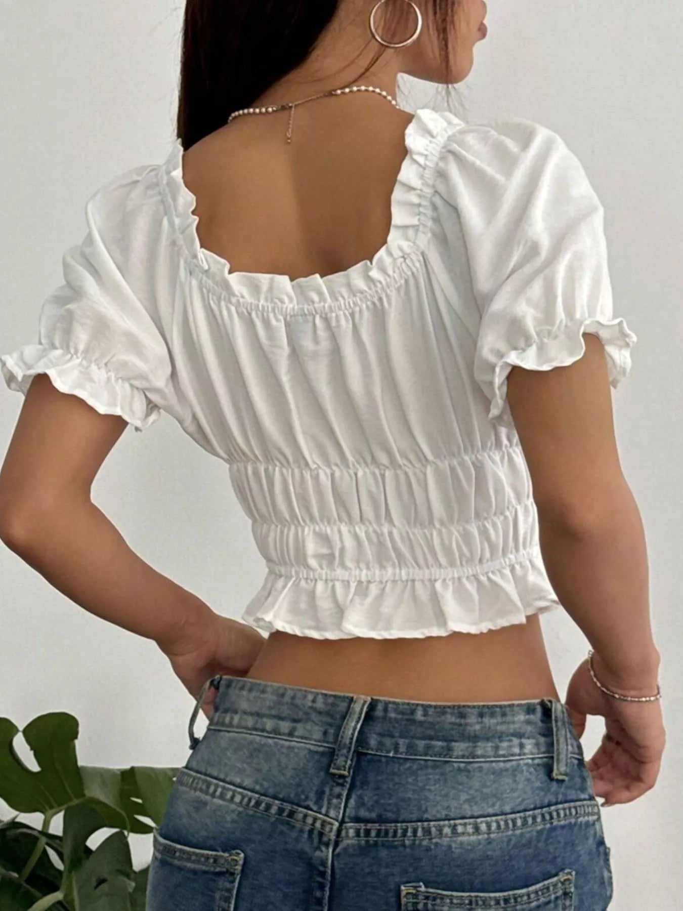 Frill Ruffled Hem Puff Sleeve Crop Blouse - Fashorio