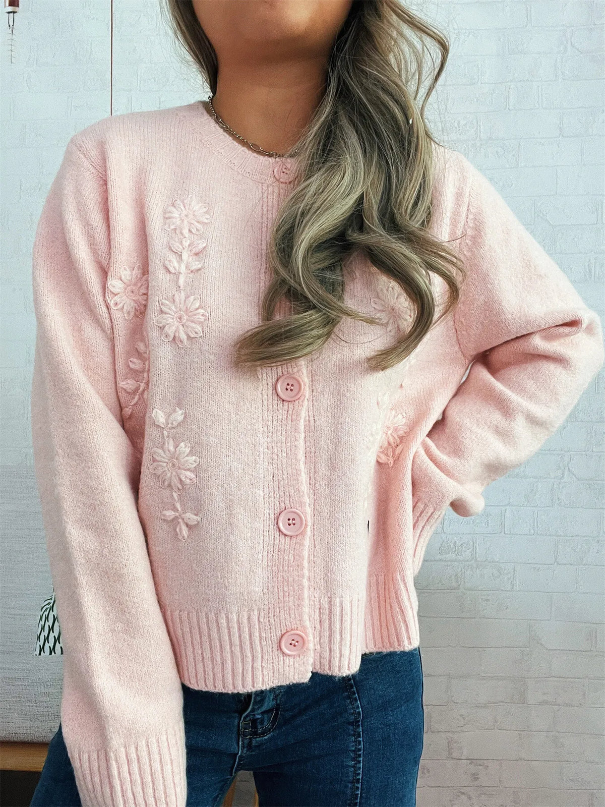 floral embroidered button up ribbed cardigan knit texture detail