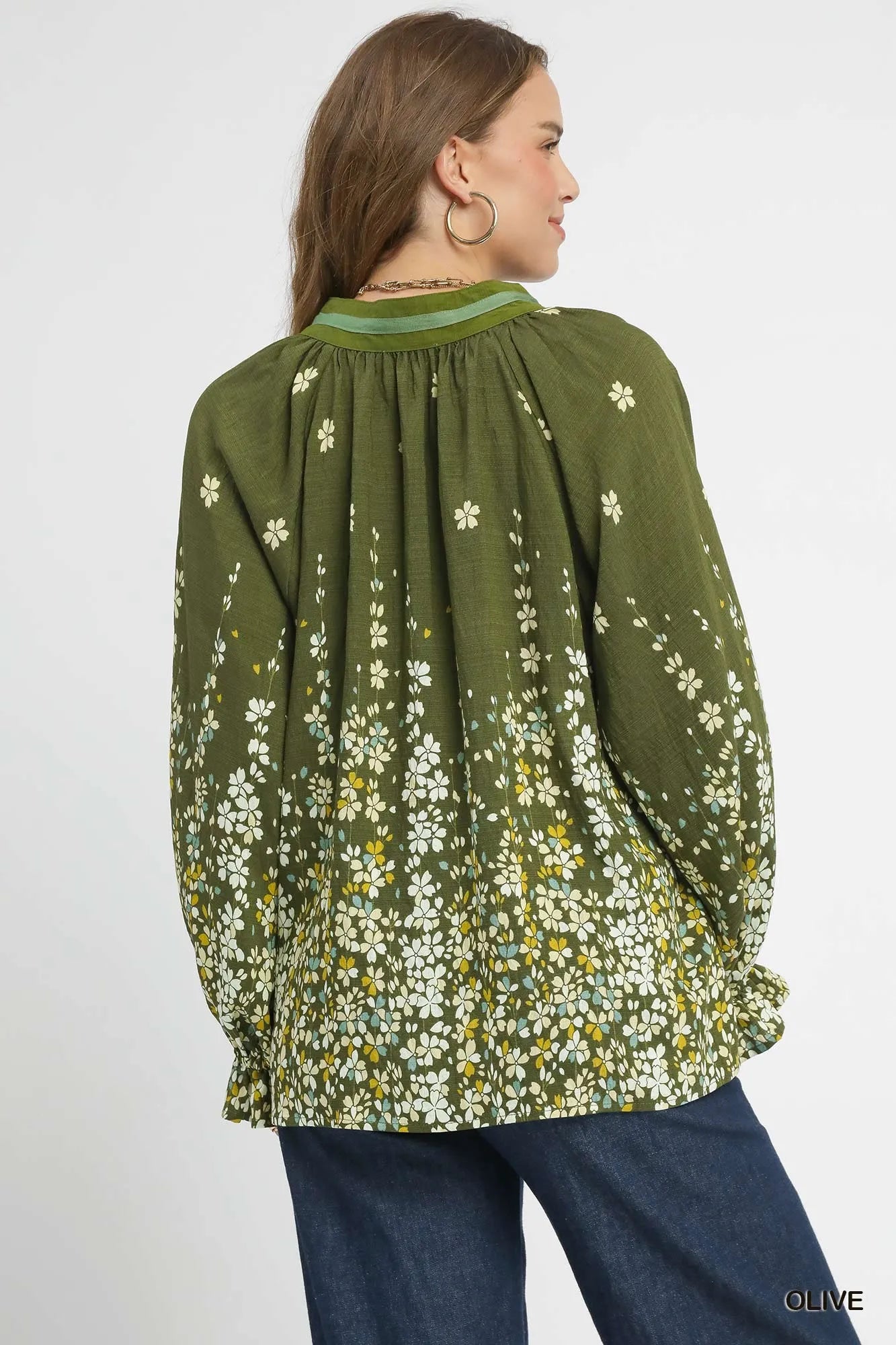 Umgee Floral Vine Print Blouse with Balloon Sleeves - Fashorio