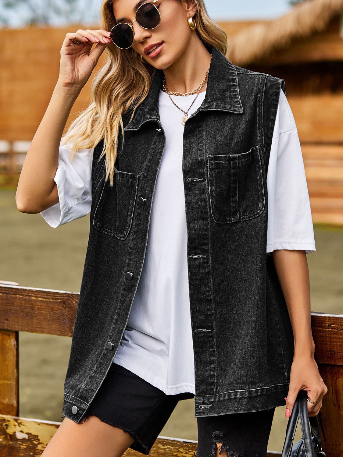 Button Down Denim Vest Dark Gray - Fashorio