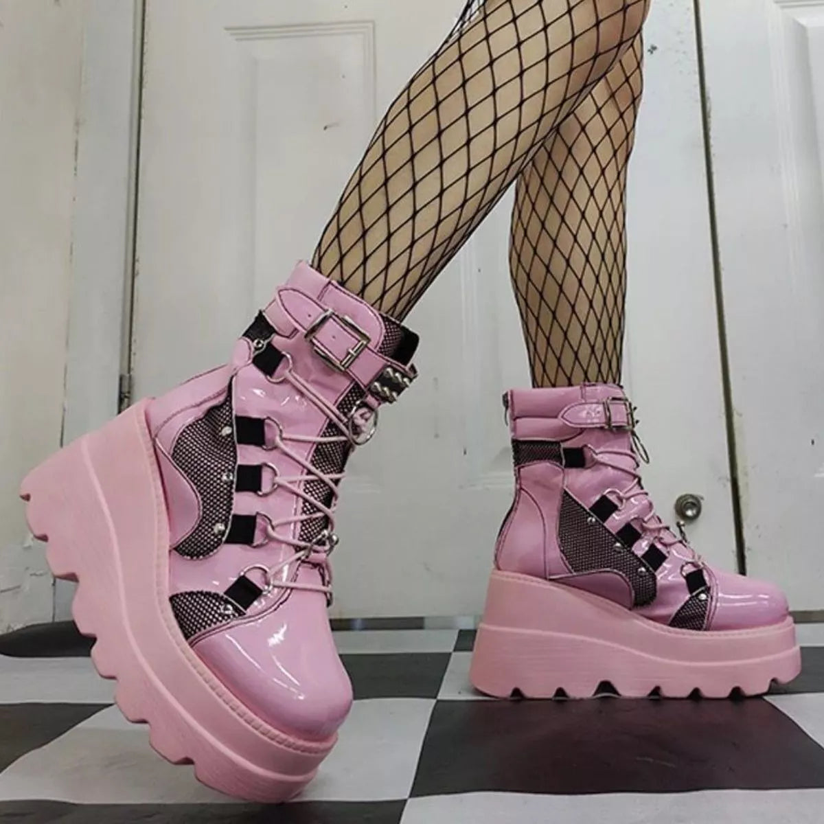 Lace up platform wedge boots shaft detail