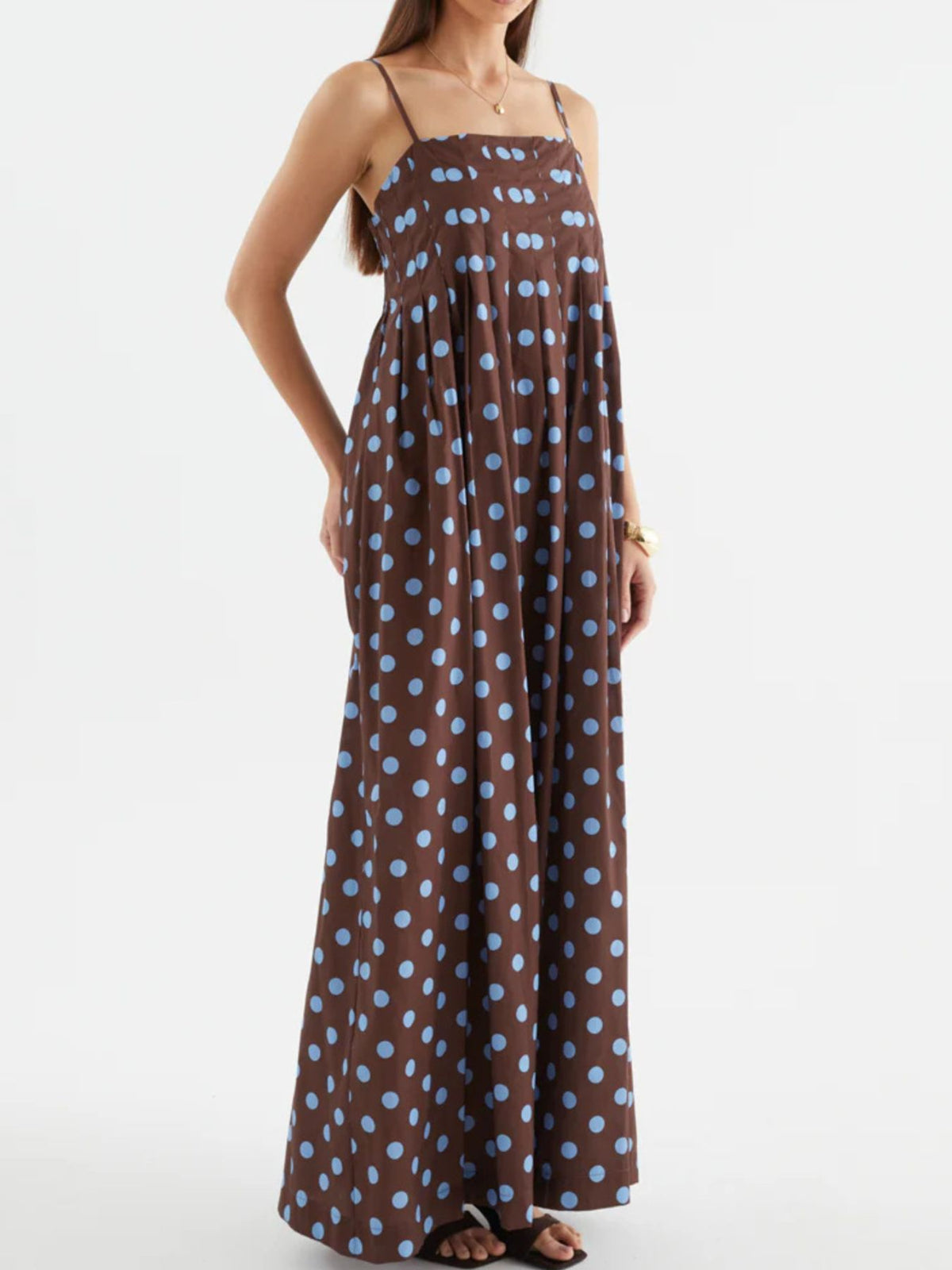 Polka dot smocked pleated maxi dress styled look