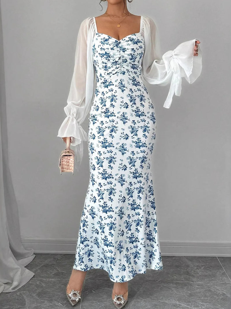 Light blue floral sweetheart neck maxi dress, front view