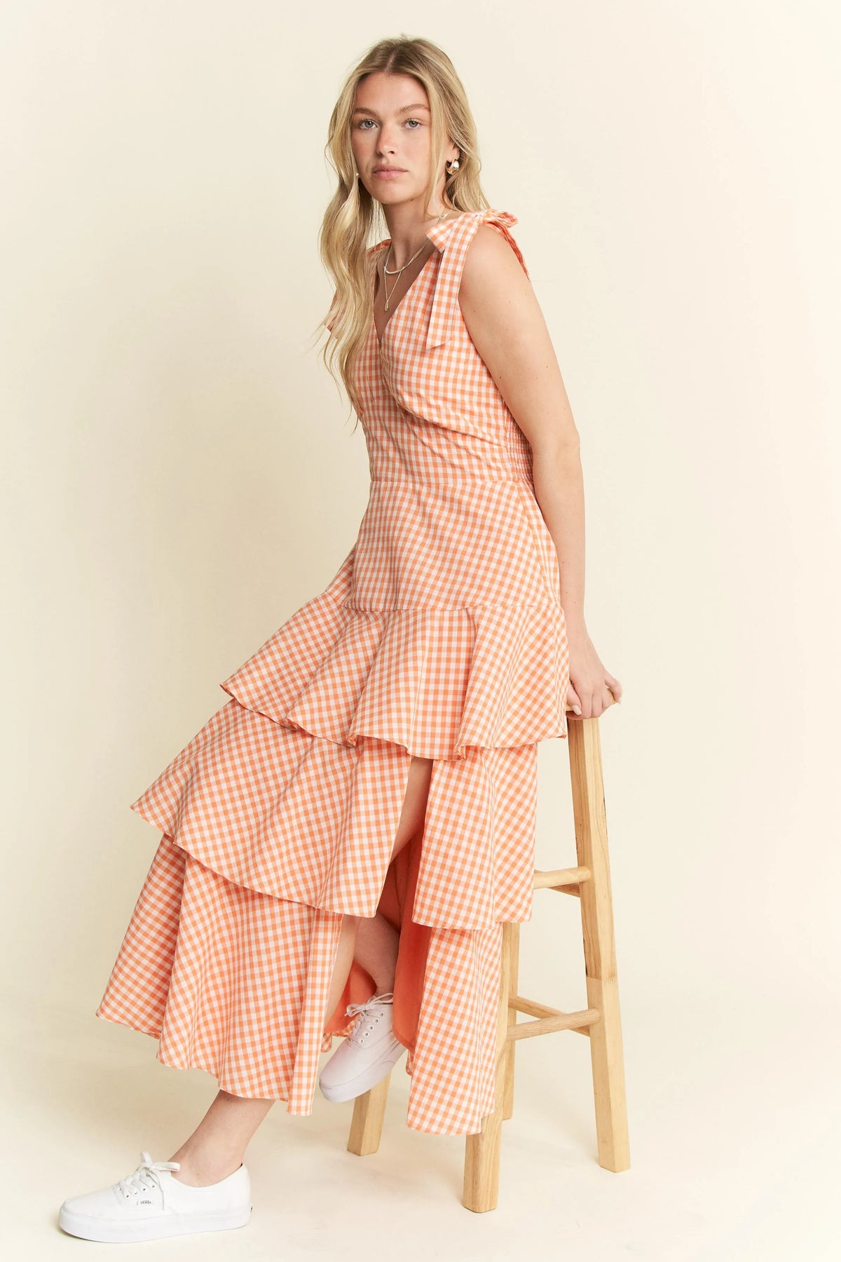 Sleeveless Gingham Print Tiered Midi Dress close up