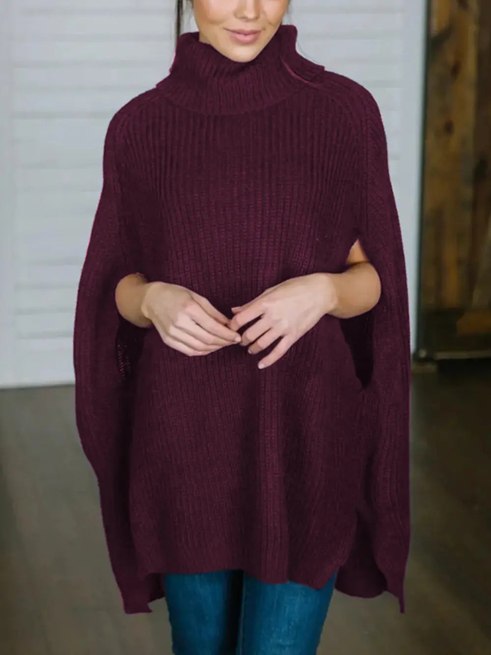 Turtleneck Slit Sweater Deep Purple One Size - Fashorio