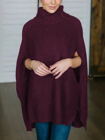 Turtleneck Slit Sweater Deep Purple One Size - Fashorio