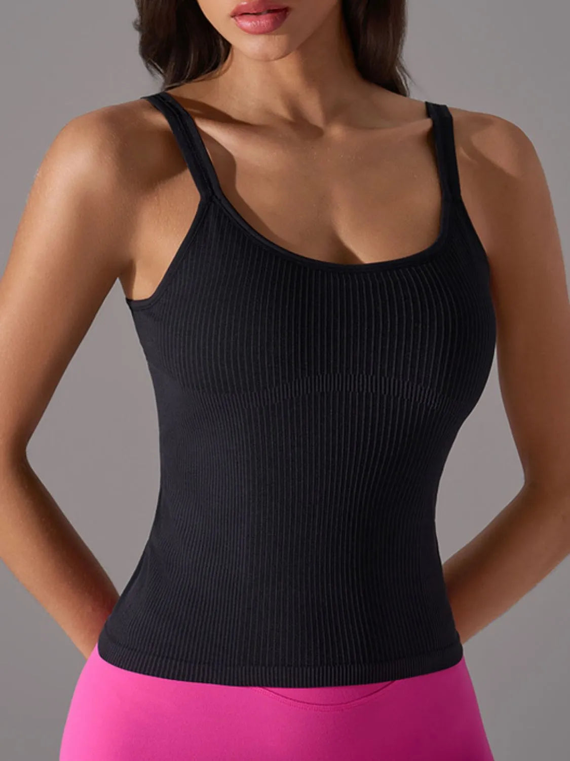 Scoop neck active tank with chest pads full length view