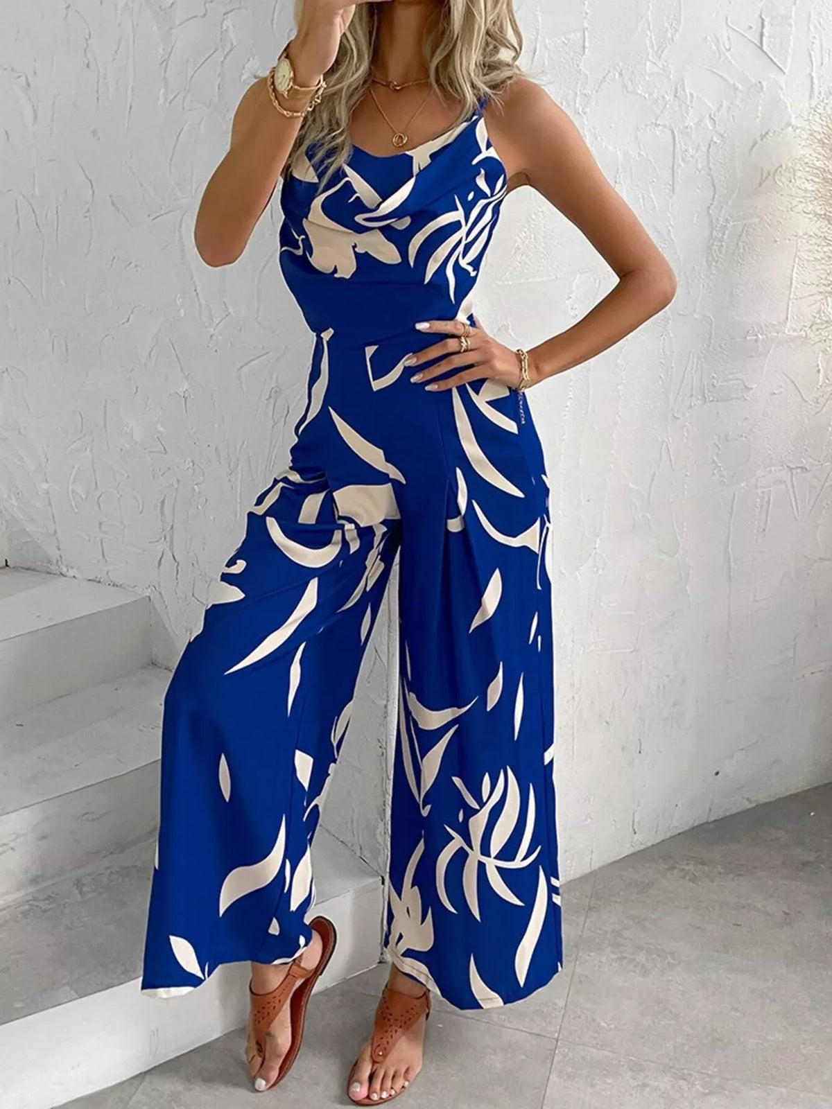 Wide leg spaghetti strap jumpsuit in solid colour full length view