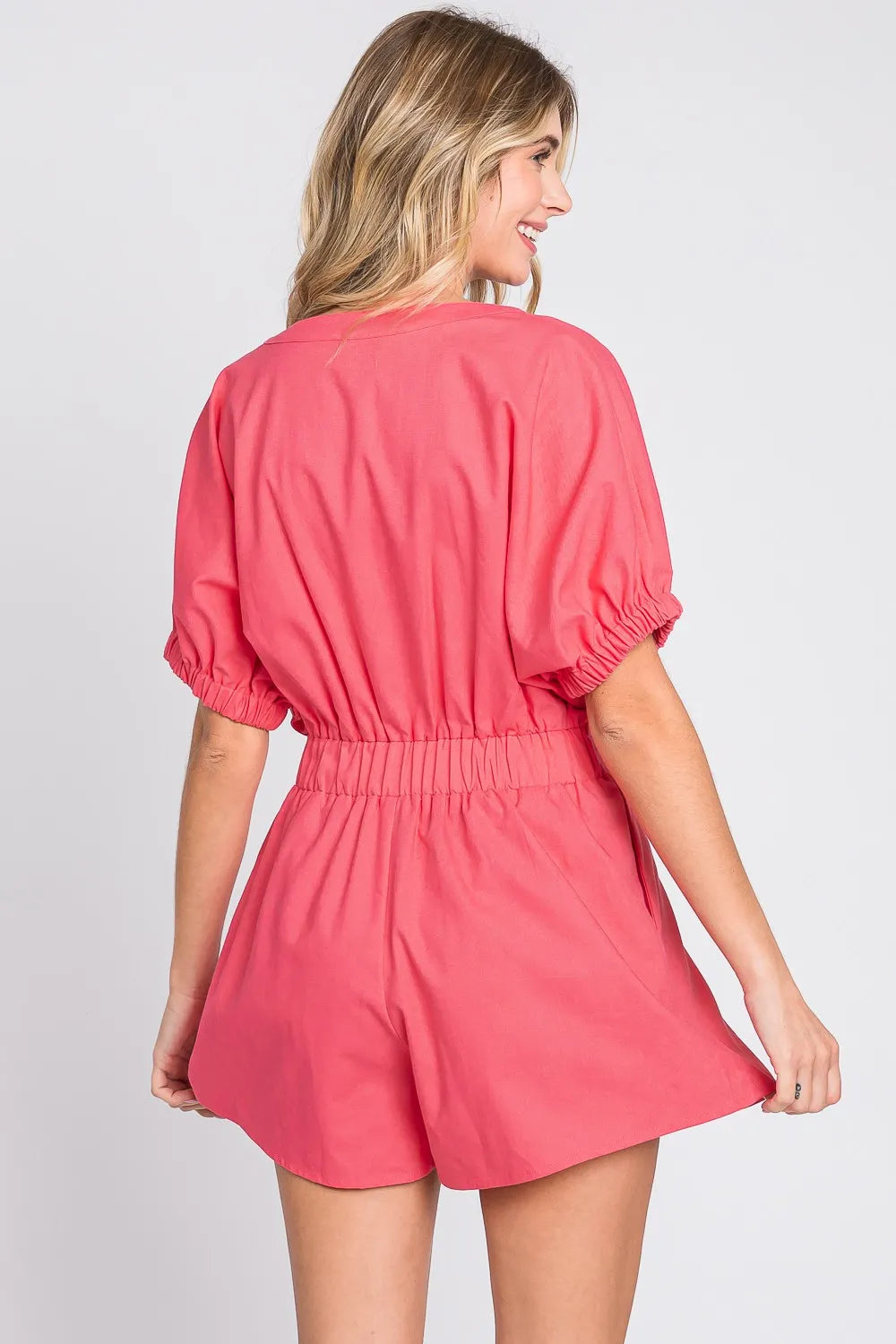 Half Button V Neck Linen Romper back view