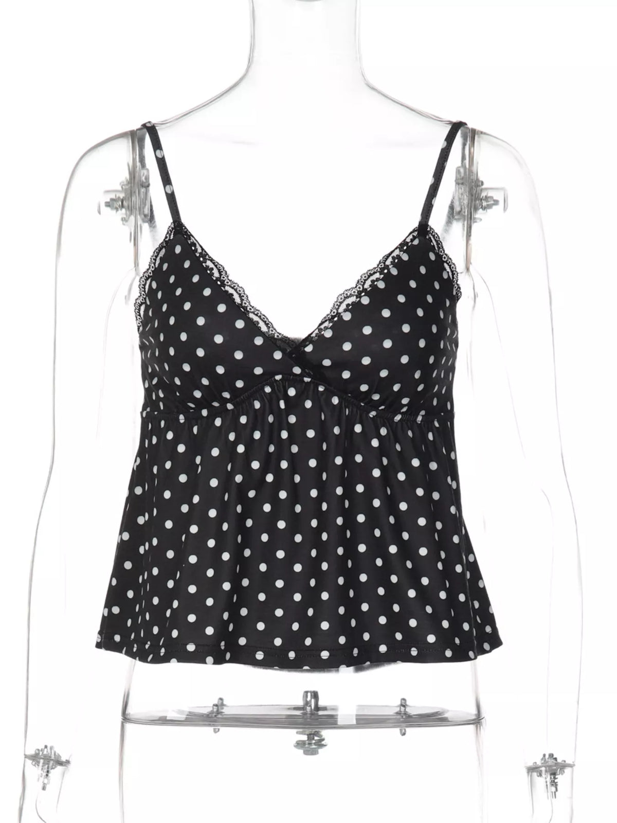 Neckline and strap detail on the lace trim cami
