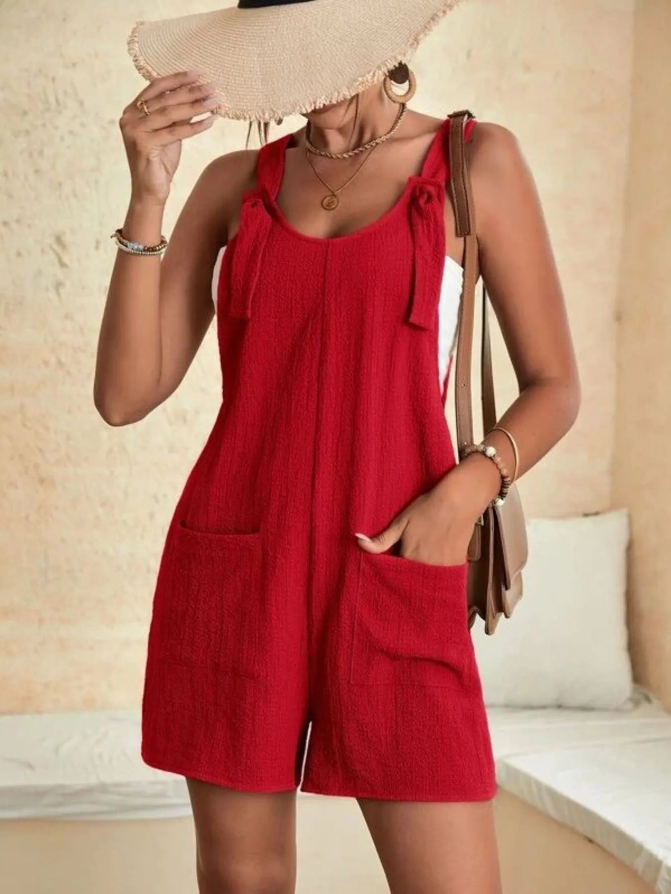 Full Size Knot Strap Romper with Pockets Plus Size - Fashorio