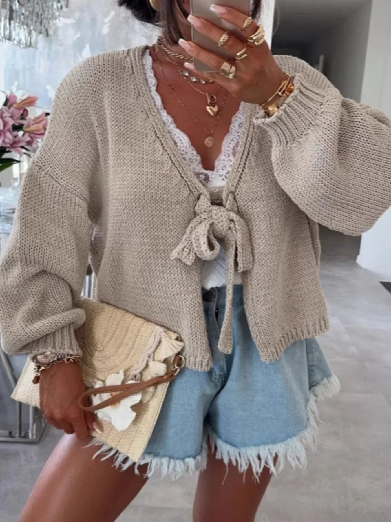 Tied Drop Shoulder Cardigan Light Card - Fashorio